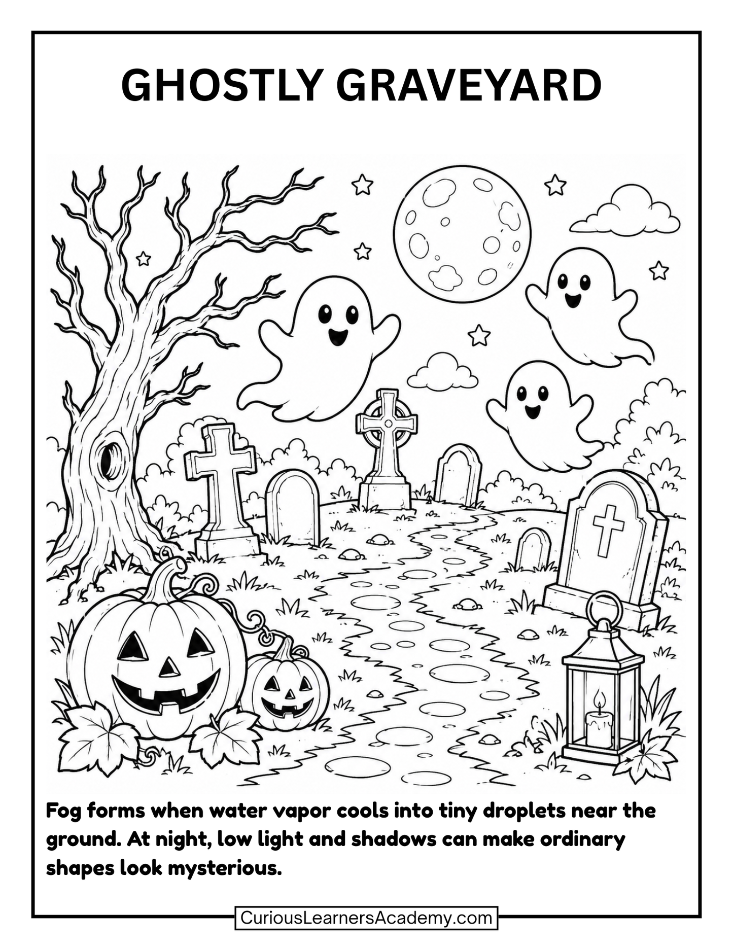 Free Halloween Ghostly Graveyard Coloring Page for Kids