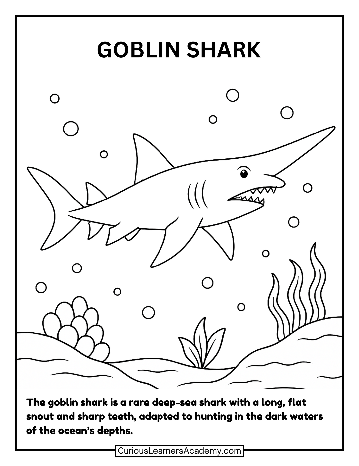 Free Goblin Shark Coloring Page | Deep Sea Science Printable for Kids