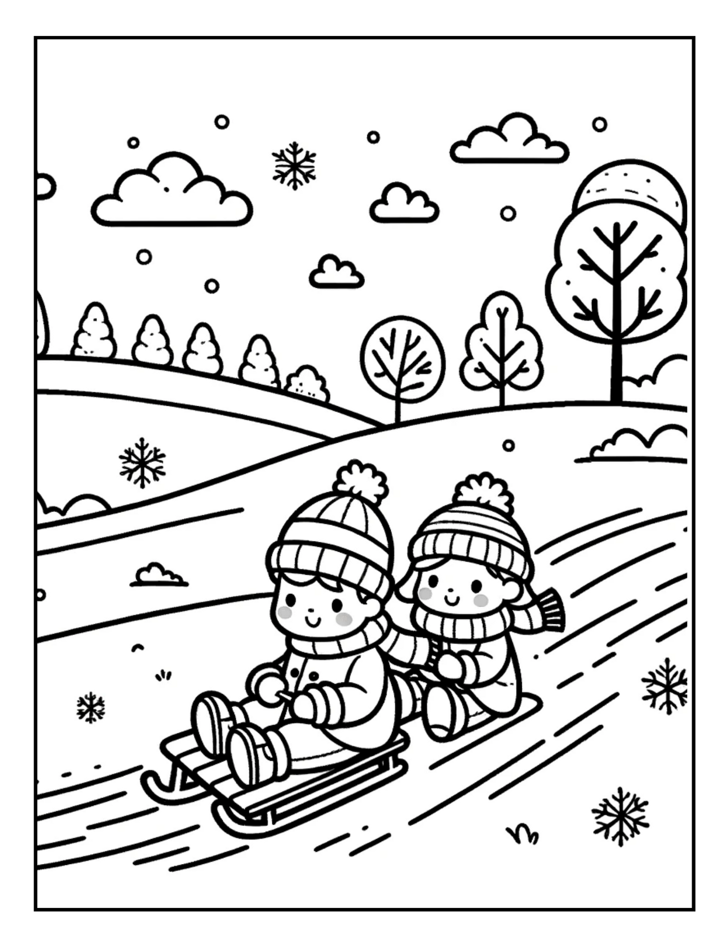 FREE Winter Wonderland Sledding Adventure Coloring Page