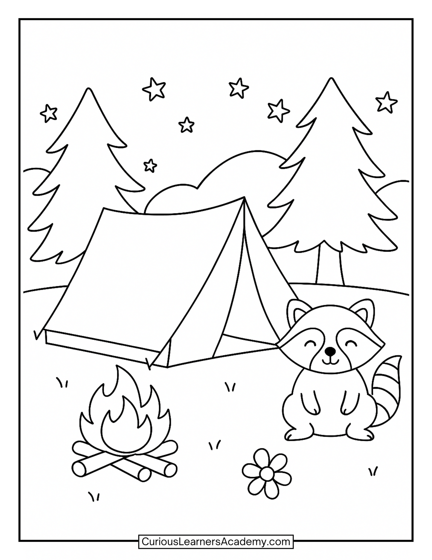 Free Summer Camping Raccoon Coloring Page – Outdoor-Themed Fun for Kids