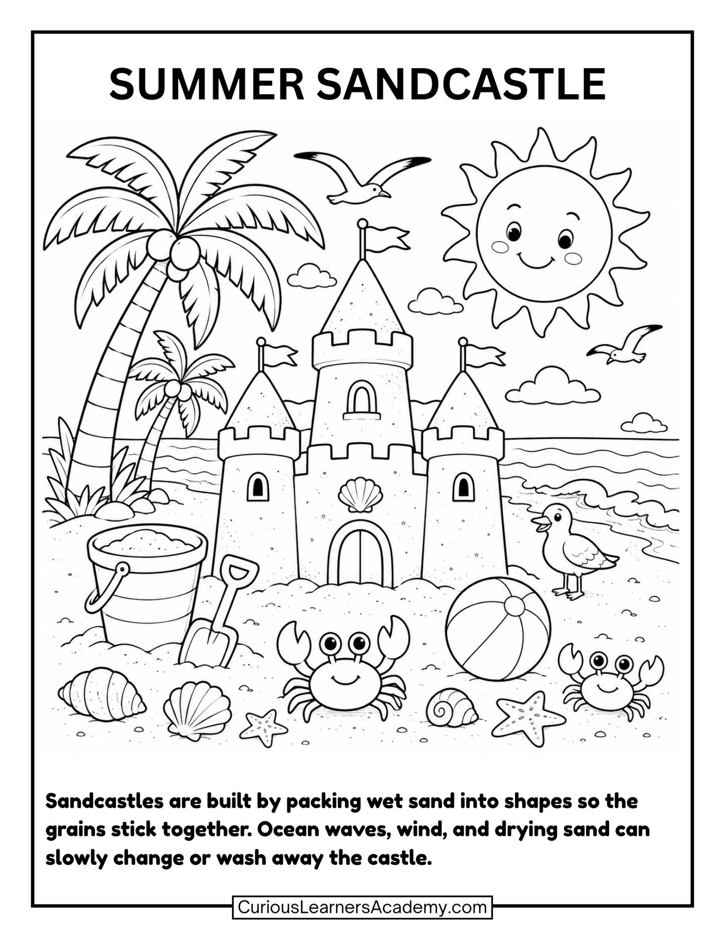 Free Summer Sandcastle Coloring Page for Kids