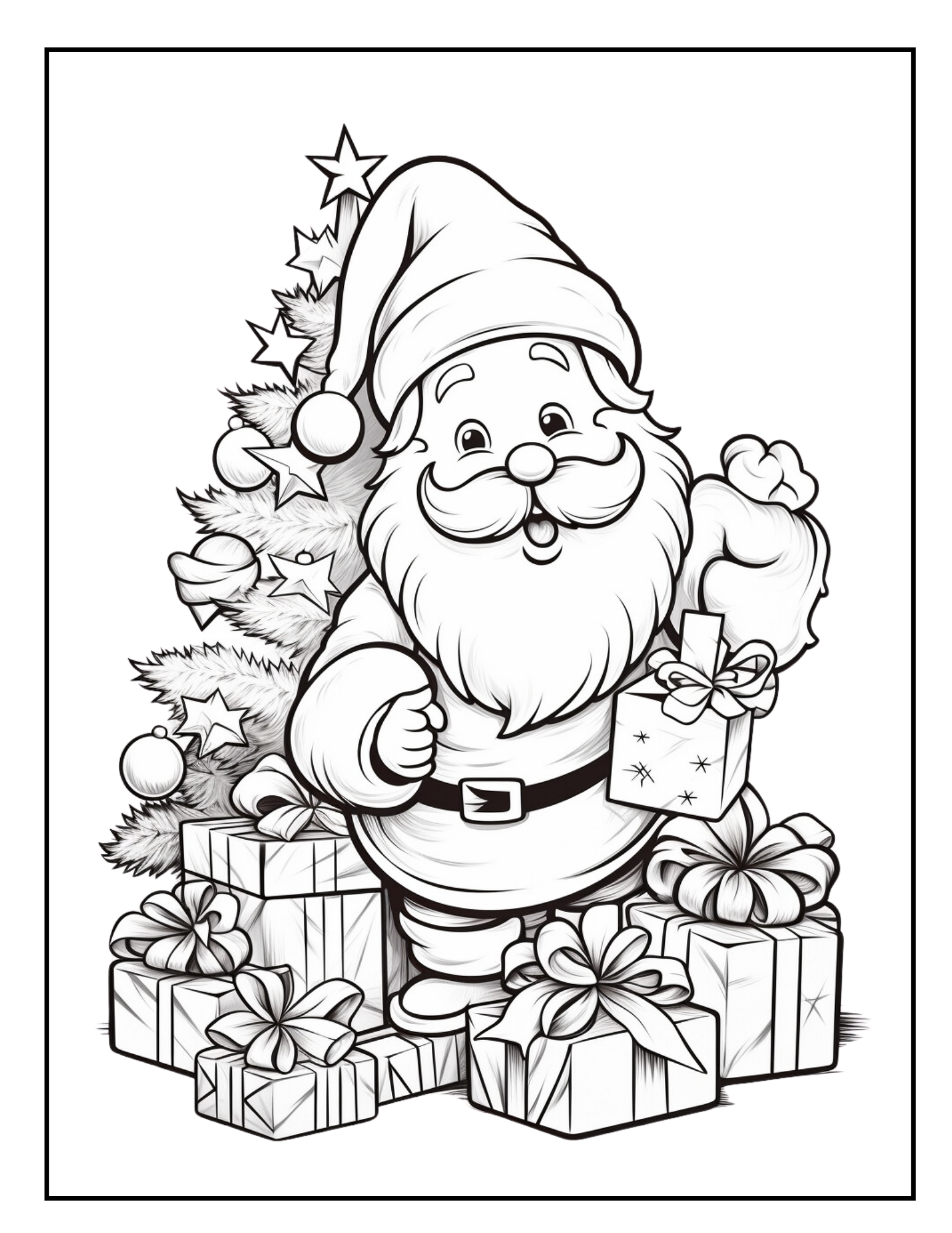santaandtree free jolly santa and festive christmas tree coloring page