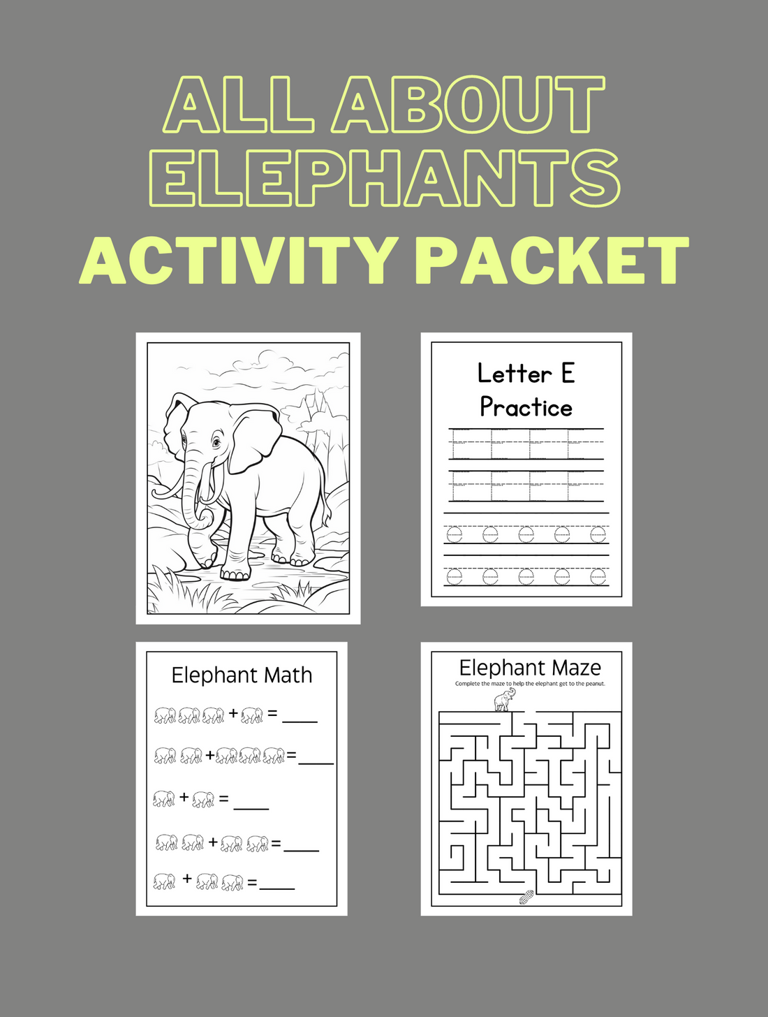 Elephant Math Worksheet All About Elephants Activity Packet - Math, Literacy, Coloring Fun for ...