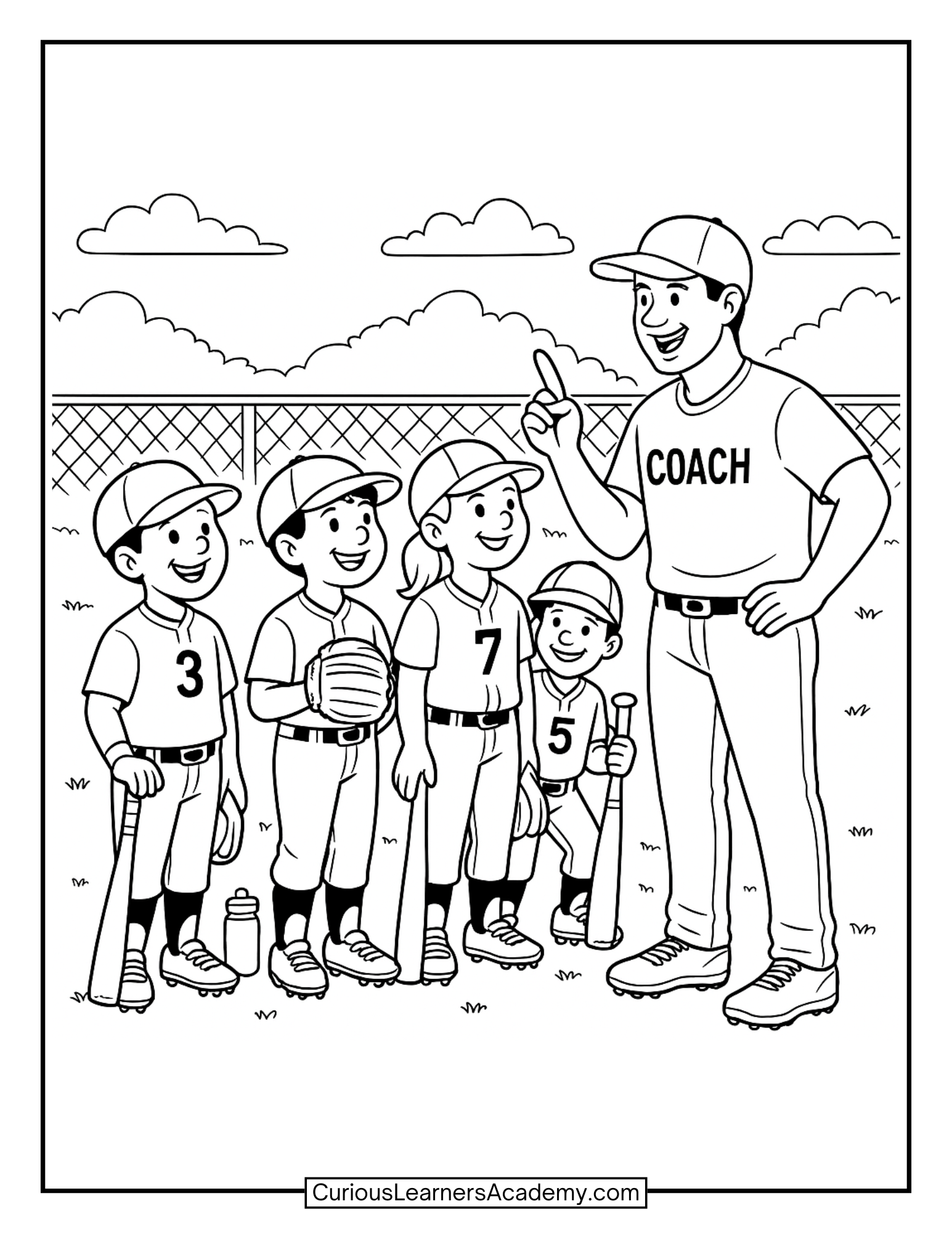 Free Baseball Coach Coloring Page for Kids | Team Huddle Sports Printa ...