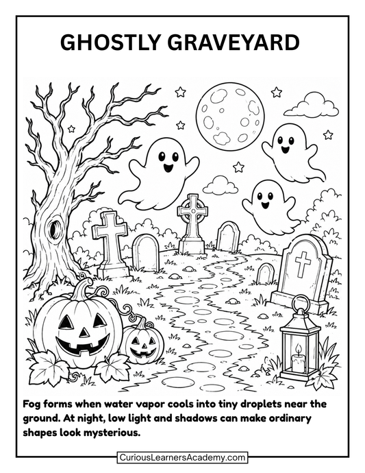 Free Halloween Ghostly Graveyard Coloring Page for Kids