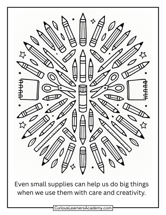 Free School Supplies Mandala Coloring Page | Back to School Printable for Kids