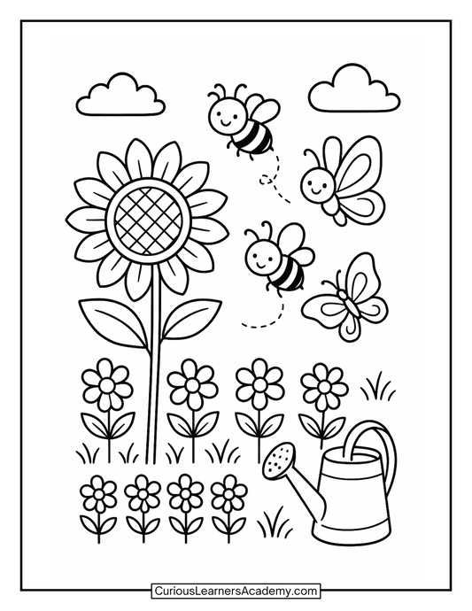 Free Summer Garden Coloring Page – Flowers, Bees, Butterflies & Watering Can for Kids