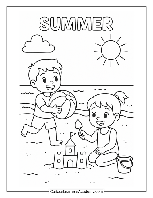 Free Beach Day Sandcastle Building Coloring Page for Kids
