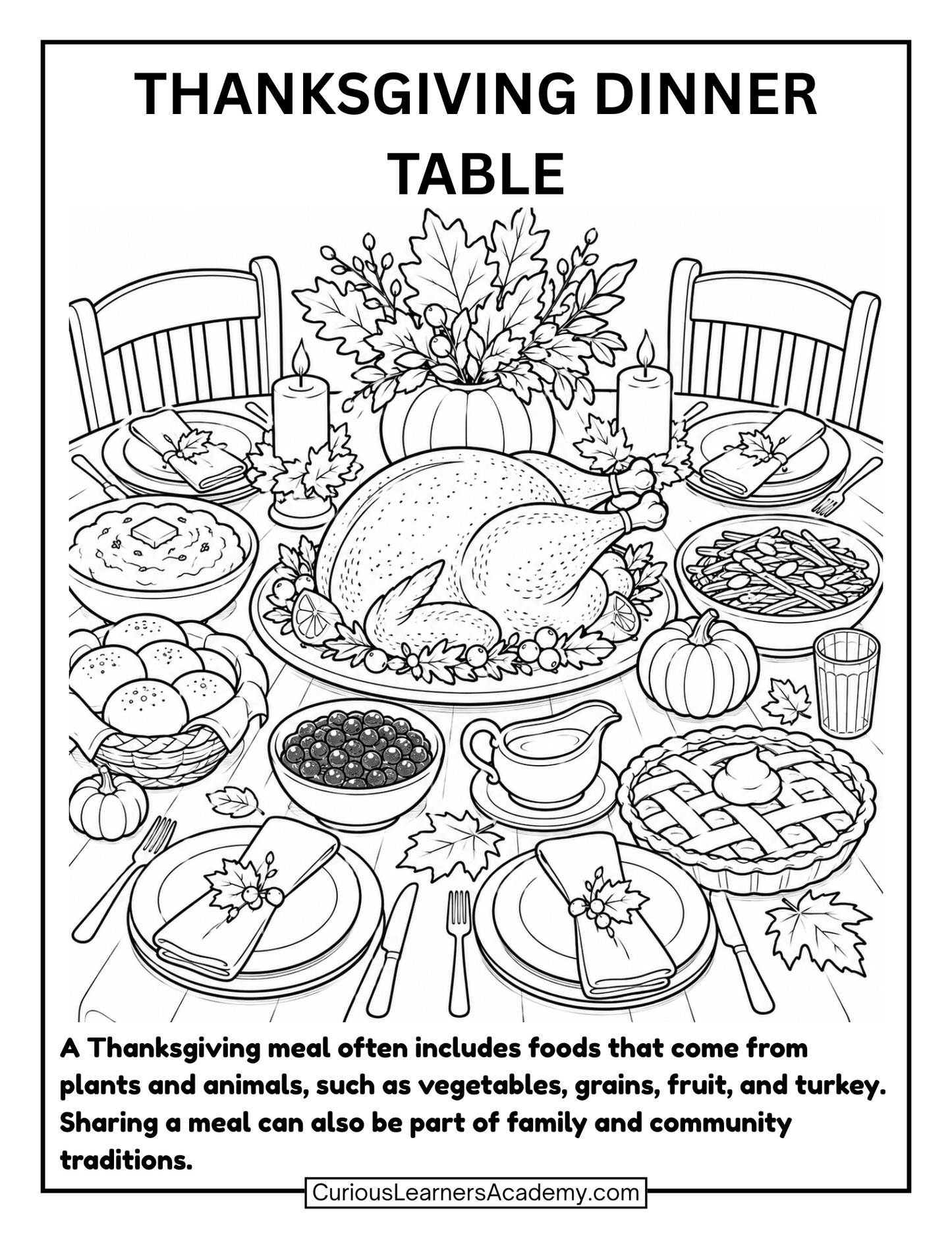 Free Thanksgiving Dinner Table Coloring Page for Kids