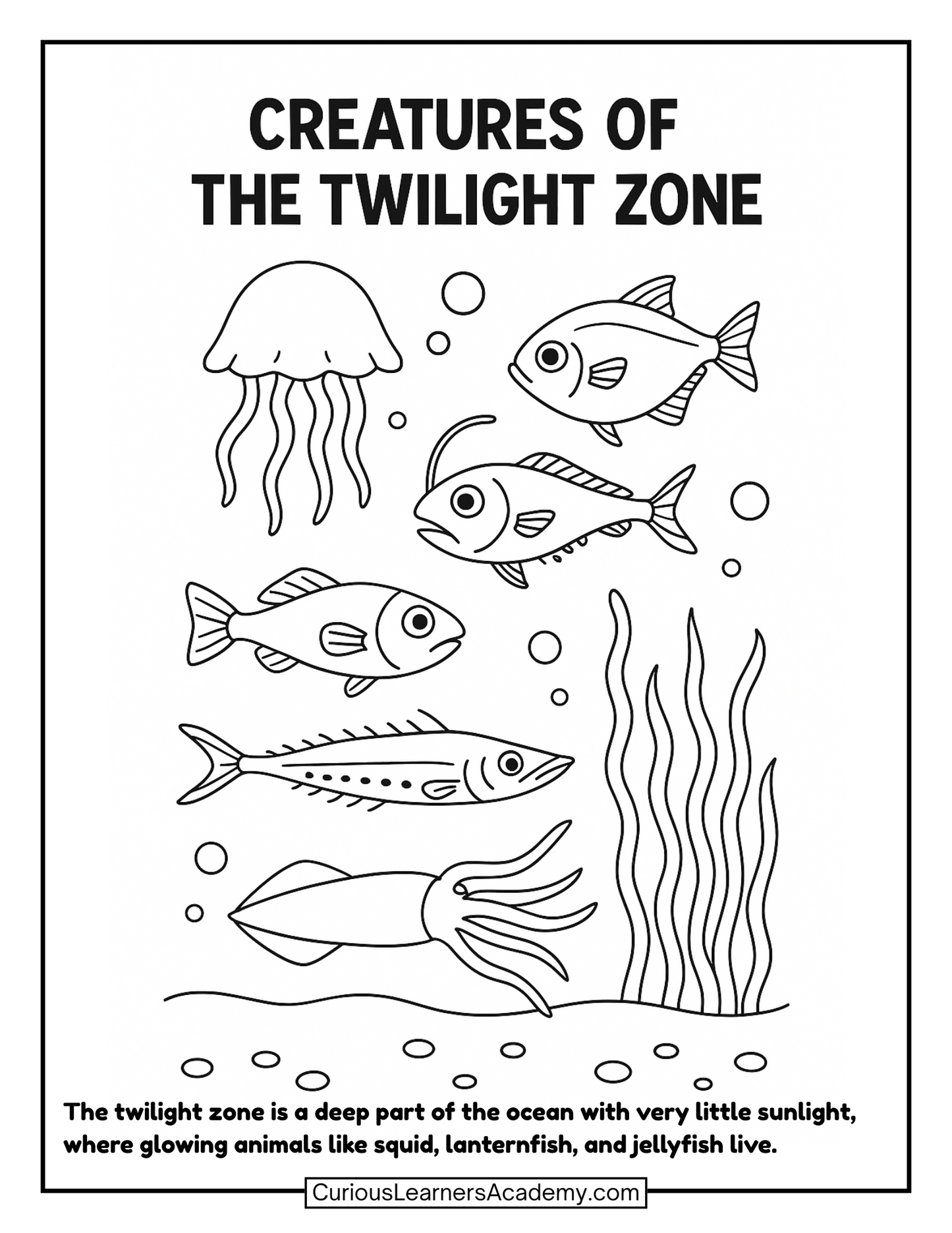 Free Ocean Coloring Page – Creatures of the Twilight Zone | Printable Deep Sea Worksheet for Kids