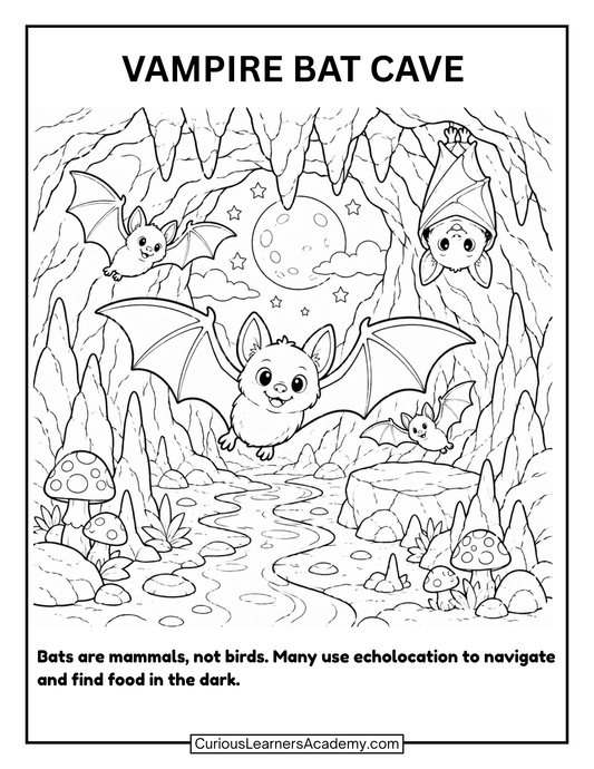 Free Halloween Vampire Bat Cave Coloring Page for Kids