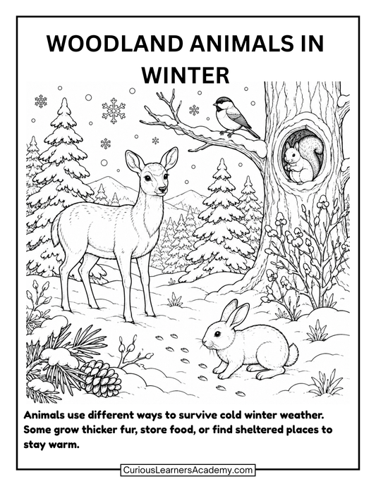 Free Woodland Animals in Winter Coloring Page for Kids