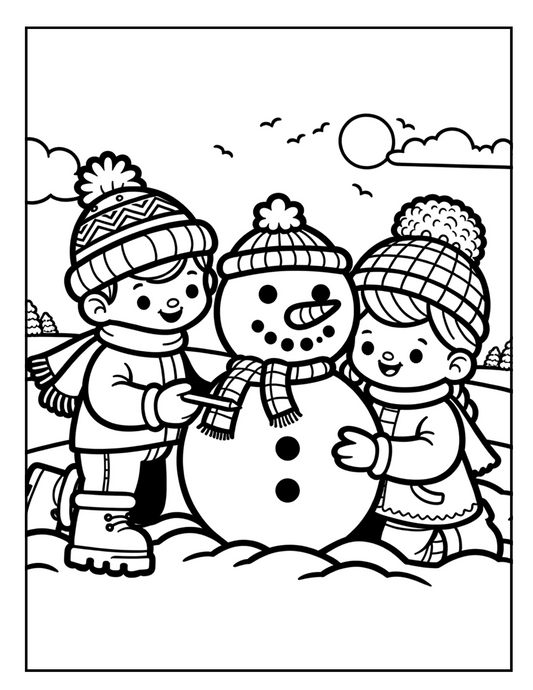 FREE Kids Building Snowman Coloring Page